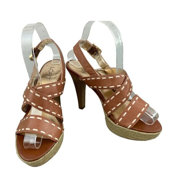 Ann Taylor LOFT Brown Leather Cream Stitching Platform Heels Women's Size 7M - Picture 2 of 11